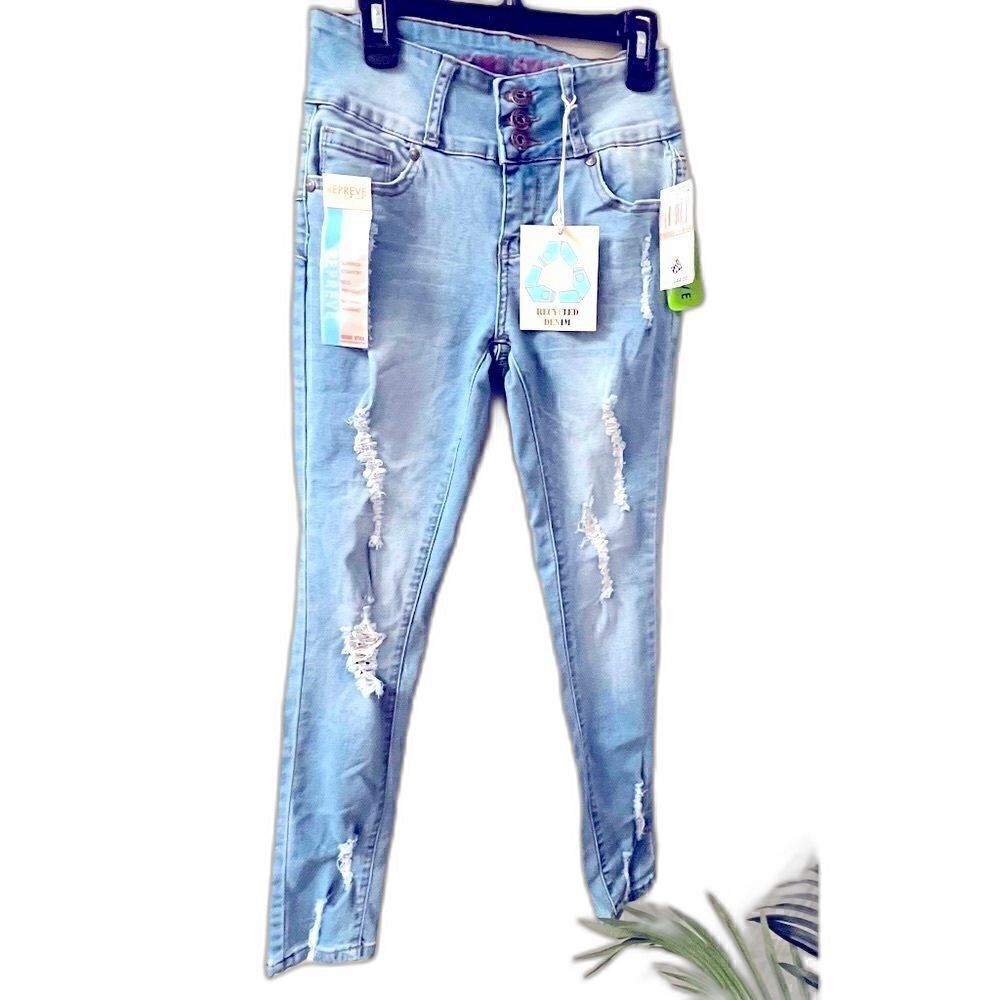 Gogo Star Kids distressed holes denim jeans pant light wash girls stretch 12